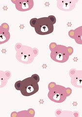 Breow Bear, pink bear, light pink bear, small flower on creame color background.Vector seamless pattern.