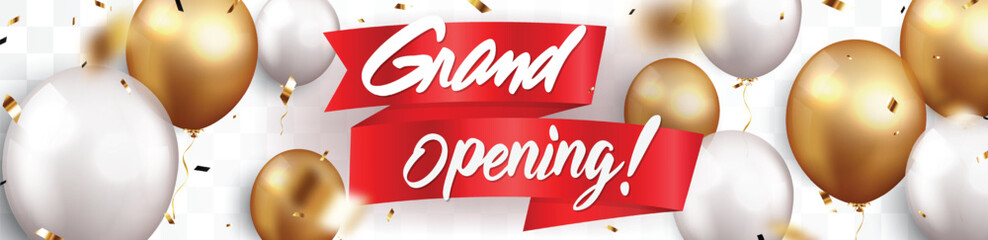 Grand opening card design banner with gold ribbon and confetti	
