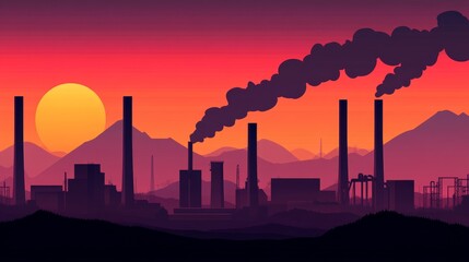 Industrial landscape at sunset with smokestacks and mountains in the background.