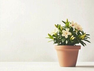 A house plant in a clay pot on a light background with soft daylight. Azalea. Pastel colors.