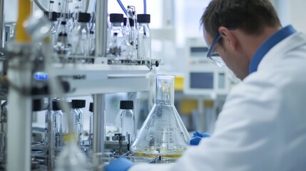 A close-up of a chemical engineer conducting experiments in a laboratory, surrounded by scientific equipment and chemical compounds, Chemical research scene
