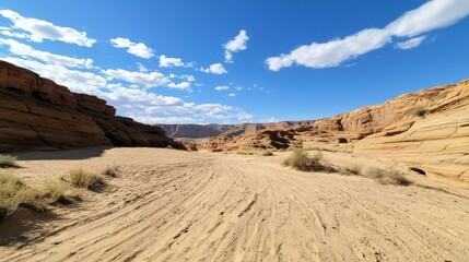 Desert canyon trail, sunny day, scenic view, travel adventure