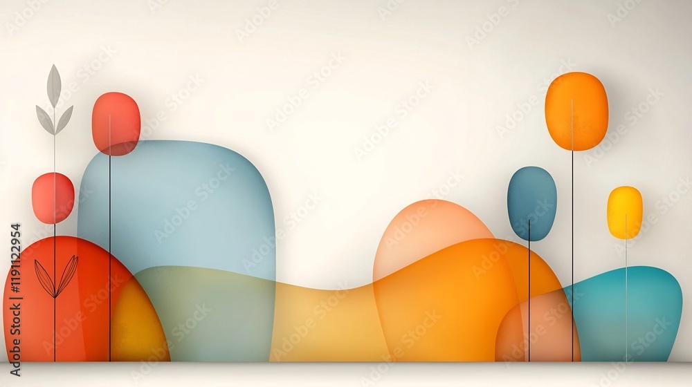 Poster minimalist abstract digital featuring a balanced composition of curved organic shapes with gentle co