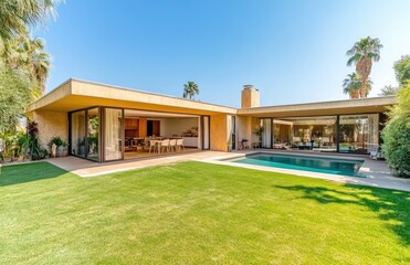 Fototapeta premium an artificial grass lawn in the backyard, outdoor furniture around it and next to pool area with palm trees surrounding the back yard of a luxury home