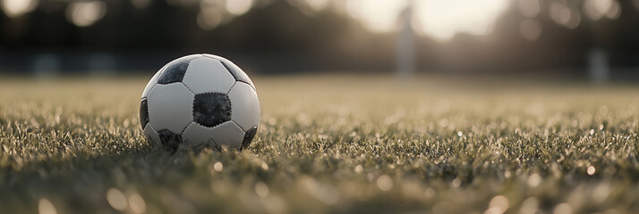 Soccer ball resting on green grass field during sunset at a local park