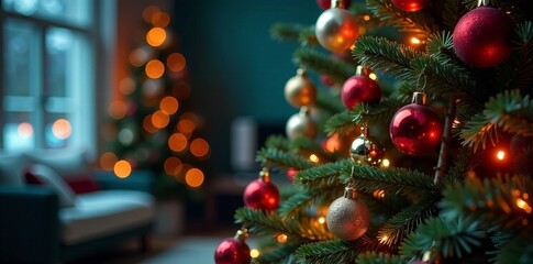 Festive Christmas tree adorned with colorful ornaments and soft glowing lights.