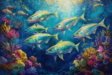 School of colorful mahimahi swims gracefully in vibrant reef