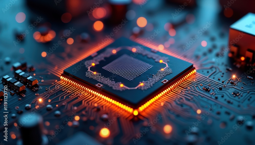 Poster advanced microchip embedded in circuit board. high-tech chip with glowing connections. futuristic te