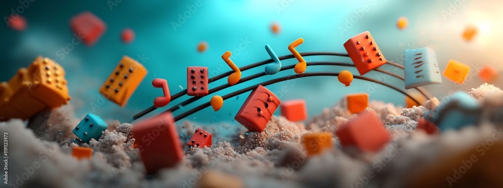 Poster an abstract and colorful 3d digital rendering of a musical staff with dynamic notes frequencies and 