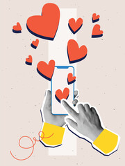 Black and white hands holding a phone with a scattered hearts. Modern photo collage style. Vector illustration