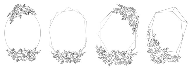 Roses frames line art monochrome drawing. Ink sketch trendy minimalist design for wedding invitation, birthday greeting card, thank you card, banners, covers. Vector illustration isolated on white