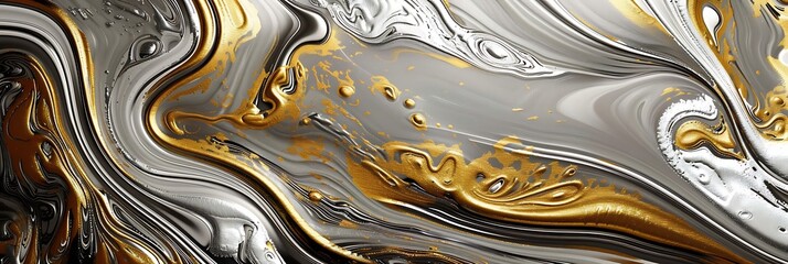Fototapeta premium Abstract swirl of grey, black, and gold colors creating a marbled texture. Elegant, fluid design with metallic gold accents. Ideal for luxurious backgrounds and design elements.