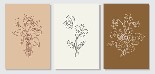 Set of Violet February birth month flower Line Art Drawings. Botanical Poster. Modern Wall Art, Aesthetic Contour. Trendy design for Posters, cards, invitations, logo, tattoo. Vector illustrations.