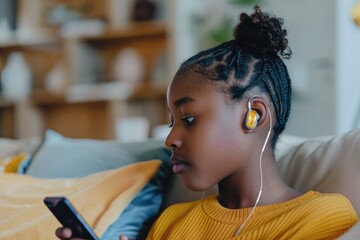Black teen girl with hearing aid using smartphone at home.