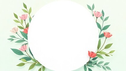 Fototapeta premium Minimal flat design floral round frame with flowers and green leaves. Round Mockup for message, invitations, greeting cards or elegant designs