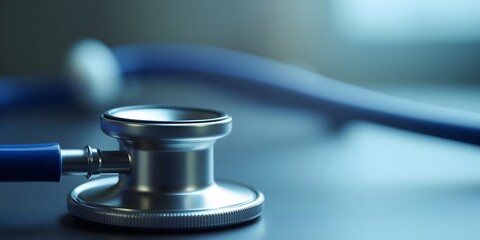 Close-up of a metallic stethoscope, its blue tubing gently curved in the background. A symbol of healthcare, precision, and healing.