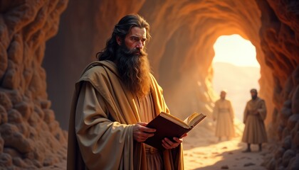 Elderly bearded man holds open book. Wears traditional robe. Appears serious. Others visible in background in cave temple-like setting. Scene suggests religious spiritual theme. Evangelist author of