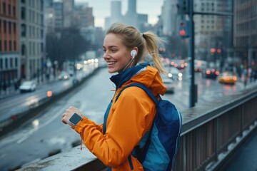 Obraz premium A woman in athletic gear, wearing headphones and smiling while looking at her smartwatch on the bridge over a river