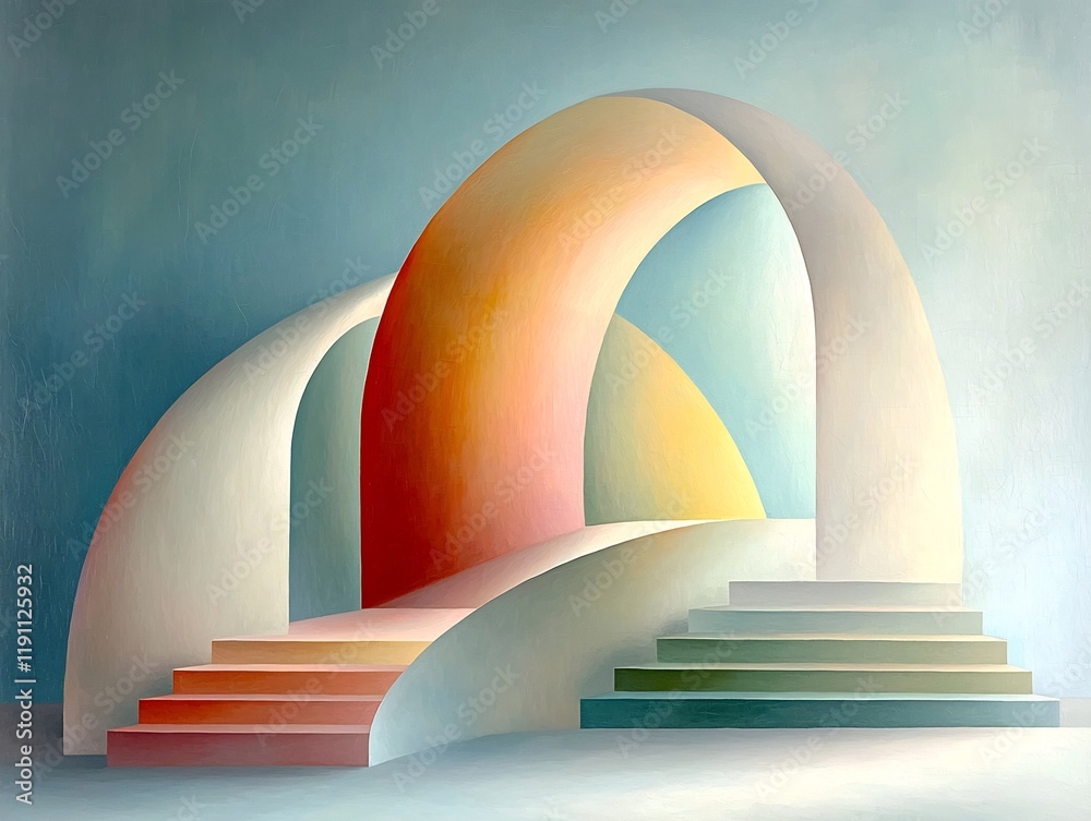 Poster Undulating organic forms in soft pastel hues graceful abstract shapes with smooth contours in a minimalist composed setting  Diffused lighting creates a hazy
