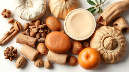 Photograph of isolated simple food elements natural earth tones browns beiges and muted colors