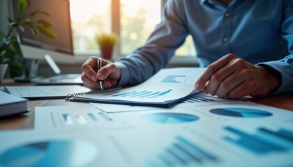 Businessman reviews charts, graphs. Analyzing data for planning. Businessman studies efficiency, productivity. Examines lean cost growth. Capacity planning, operation main focus. Writes notes. Office