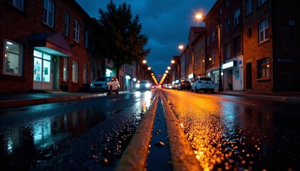 Obraz premium Moody street scene at night with wet pavement reflecting street lights.
