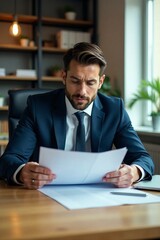 Obraz premium Professional man analyzing documents in a modern office environment.