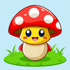 Cute Cartoon Mushroom Character with Red and White Spotted Cap – Cheerful Meadow Background for Children’s Book Illustration