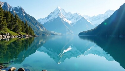 Serene mountain lake reflecting stunning peaks under a clear blue sky.