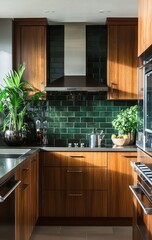 A kitchen with a green tile backsplash and wooden cabinets