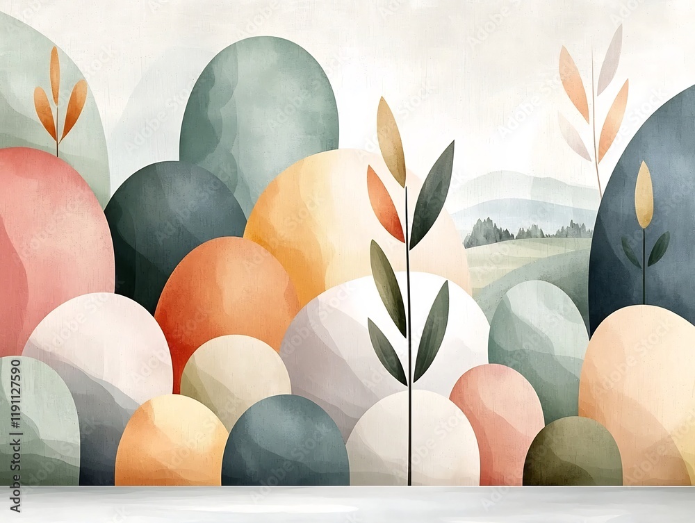 Poster serene abstract landscape composition featuring a calming pattern of interconnected rounded forms in