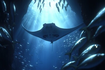 Ocean scene with manta ray fish and deep sea ambiance