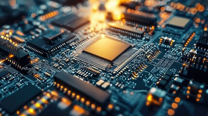 Fototapeta premium Close-up View of Circuit Board with Microchip and Light Details