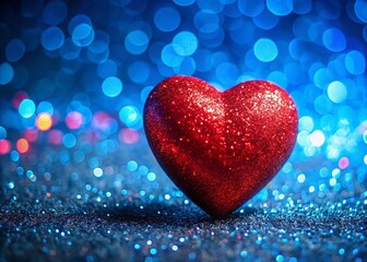 Obraz premium Valentine's Day Red Heart Blue Glitter Background Stock Photo