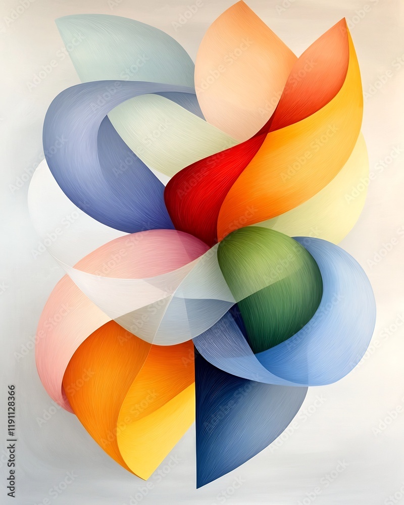 Poster harmonious arrangement of intertwining curvilinear abstract forms in soft muted shades showcasing a 