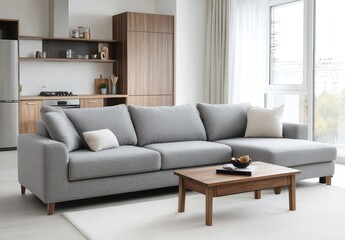 Fototapeta premium Design an inviting and stylish living room with comfortable sofas, coffee table, wooden shelf for decorative items