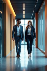Two professionals walking together in a modern office corridor.