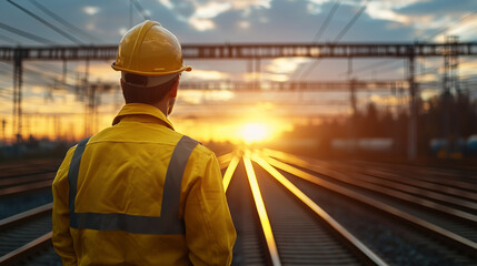 A worker wearing a hardhat on a construction site, building a bridge under a clear sky