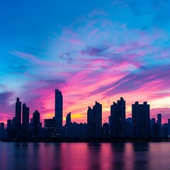 Urban skyline silhouette against a vibrant sunset sky. Colorful pink, purple, orange, blue hues reflected in water. Serene and scenic. Great for city life backgrounds.

