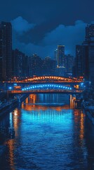 Fototapeta premium City skyline reflection at night with illuminated bridge and water