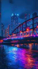 Obraz premium Nighttime Cityscape with Illuminated Bridge and Reflections