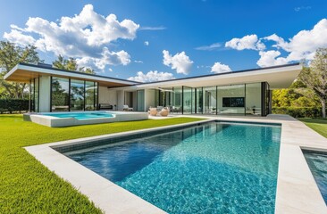 Fototapeta premium artificial grass in the front yard, with a pool and outdoor furniture