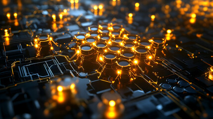 A radiant 3D AI neural network with interconnected glowing nodes and golden wiring on a dark high-tech backdrop, crisp and illuminated