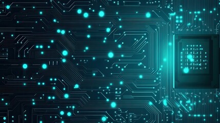 Brightly glowing AI chip on light circuit board on technology blue background. CPU processor or semiconductor on tech bg. Computer microchip on motherboard. Abstract digital vector illustration.