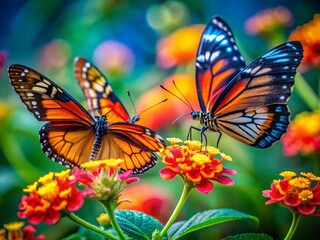 Fototapeta premium Vibrant Amazonian Butterflies on a Flower with Bokeh Background