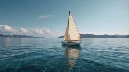 Fototapeta premium Serene Sailing Adventure: A Tranquil Boat Journey Across the Crystal-Clear Waters Under a Bright Blue Sky, Perfect for Relaxation and Nature