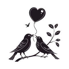 Vector birds on branch - love and romance concept on white background 
