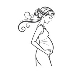 Continuous Line Drawing of Pregnant Woman Silhouette. Pregnancy Female Figure Simple Line Art Illustration.