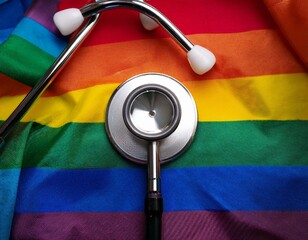 Generated image  Rainbow pride flag and stethoscope. Transgender and LGBTQ+ healthcare and mental health