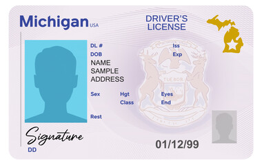Michigan driver's license isolated on white background. Person driver license.